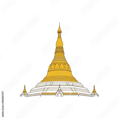 Shwedagon Pagoda Golden Stupa Myanmar Buddhist Temple Illustration.