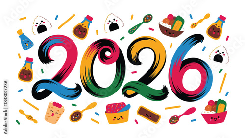 Vibrant culinary design: a colorful graphic celebrating the year 2026, featuring playful illustrations of Asian food elements.