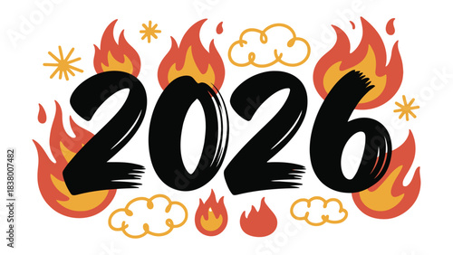 Year 2026: An expressive artwork visually representing the year 2026, embellished with flaming motifs that represent a dramatic, impactful event or situation. 