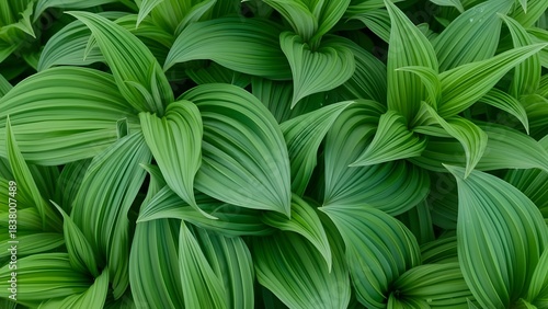 Close up of vibrant green leaves with prominent veins in a lush garden