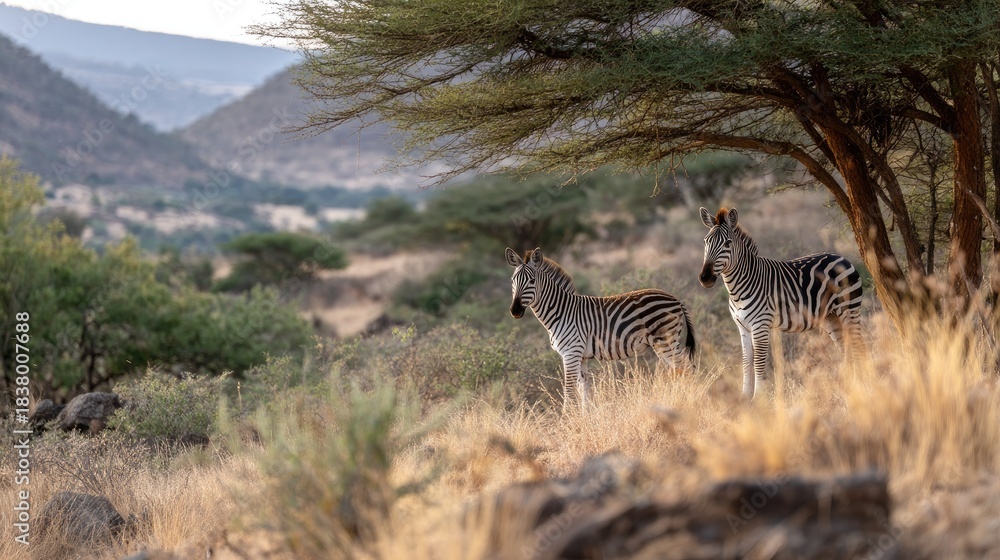 Obraz premium Two zebras stand cautiously by a tree in a grassy landscape under the evening sun in a wildlife setting