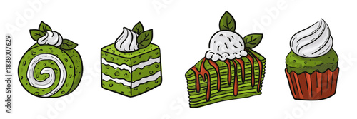 set of various matcha desserts, including roll, puff pastry, sponge cake, cupcake. colorful and vibrant with outline. Perfect for bakery menus, cooking blogs, recipe books, healthy eating materials