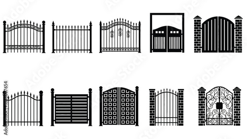 Black and white vector image of different types of metal gates