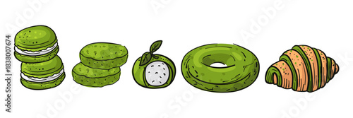 variety of matcha-flavored pastries, including macarons, donuts, and croissants. vibrant illustration with green outline for creating bakery menus, running culinary blogs, promoting sweet cuisine