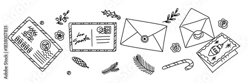 set of doodle Christmas letters for Santa with hand-drawn decorations. Envelopes, postcards, sugar canes, holly branches, fir branches, pine cones. for seasonal designs, greeting cards, postal