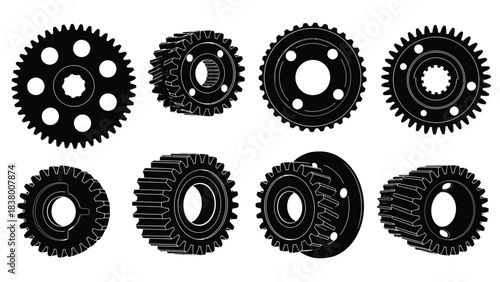 Collection of various black and white gear illustrations on a white background