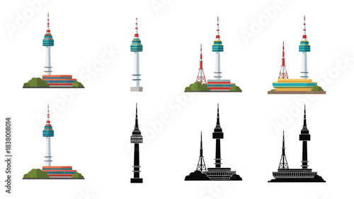 Illustrations of n seoul tower in various colors and styles are shown