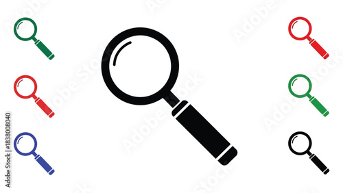 Various colored magnifying glasses arranged on a white background display