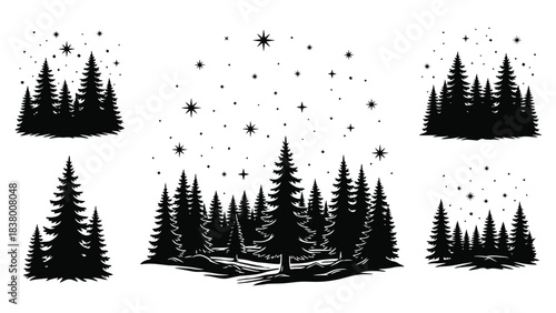 Silhouettes of pine trees under a starry night sky a woodland arrangement