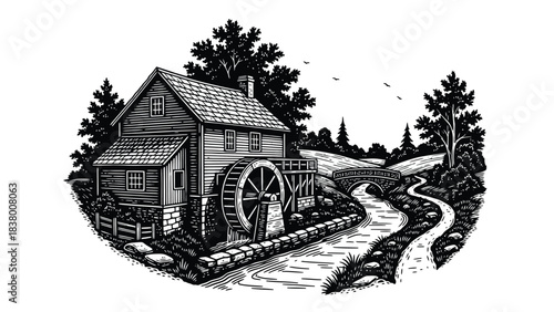A detailed illustration of a classic watermill nestled in a scenic landscape