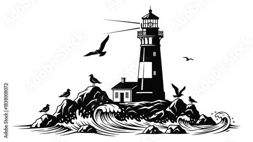 A striking black and white illustration of a lighthouse with birds and waves