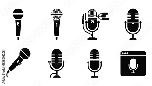 Collection of various black microphone icons and audio equipment designs