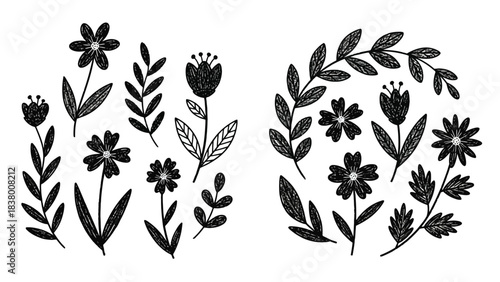 A delicate floral arrangement of sketched wildflowers and botanical elements