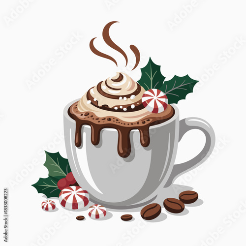 Clean vector of peppermint mocha with candy cane garnish and coffee beans – Suitable for holiday recipes, cafe signage, or winter-themed website design.