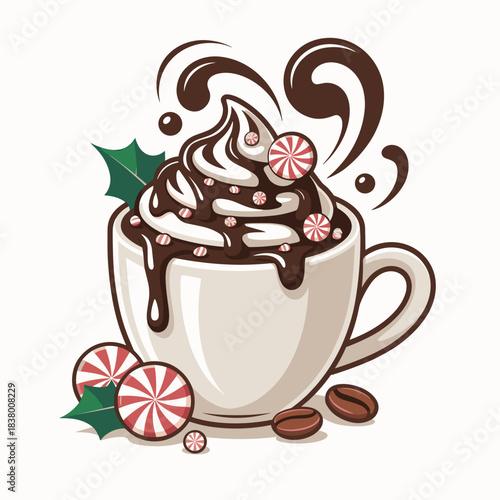 Vector of peppermint mocha with crushed candy cane and chocolate drizzle – Great for winter product packaging, coffee art prints, or festive digital ads.