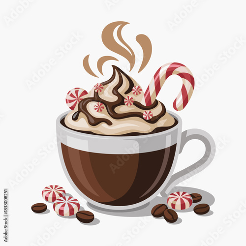 Festive vector of peppermint mocha in white mug with candy cane garnish – Ideal for Christmas coffee branding, winter newsletters, or seasonal merchandise.