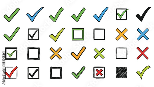 A collection of check marks boxes and crosses in varying colors and styles