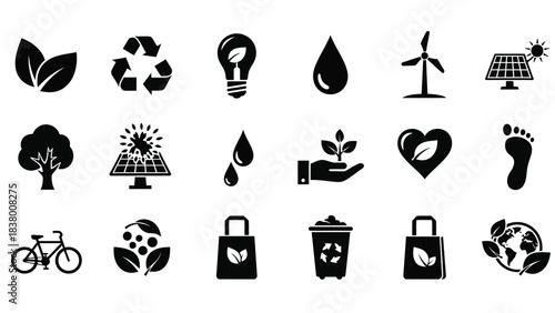 Collection of environmental icons representing sustainability renewable energy and ecological themes