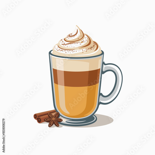 Clean vector illustration of layered eggnog latte with cinnamon stick garnish – Suitable for winter home decor inspiration, cafe promotion flyers, or holiday recipe content.
