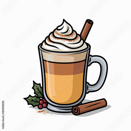 Festive vector of eggnog latte in glass with holiday accents and spice dusting – Ideal for Christmas morning themes, winter party planning, or seasonal recipe blogs.