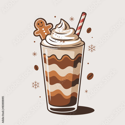 Clean vector illustration of gingerbread frappé with rich caramel layers – Perfect for seasonal beverage campaigns, food styling, or Christmas coffee art.
