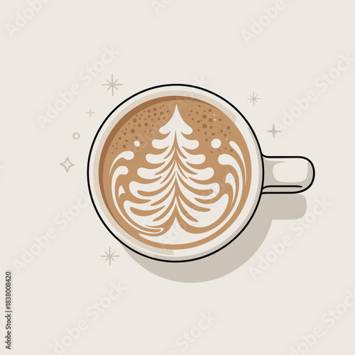 Clean vector illustration of christmas tree latte foam viewed above – Great for minimalist holiday designs, coffee culture content, or seasonal poster art.