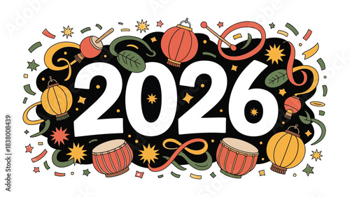 2026 Celebration: An artistic celebration of the year 2026, vibrant colors and festive motifs, evokes a sense of anticipation and optimism for the future. 