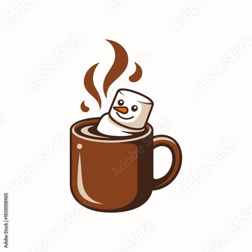 Snowman hot chocolate vector with marshmallow face on white – Ideal for children's holiday content, cozy winter themes, or festive cafe specials.