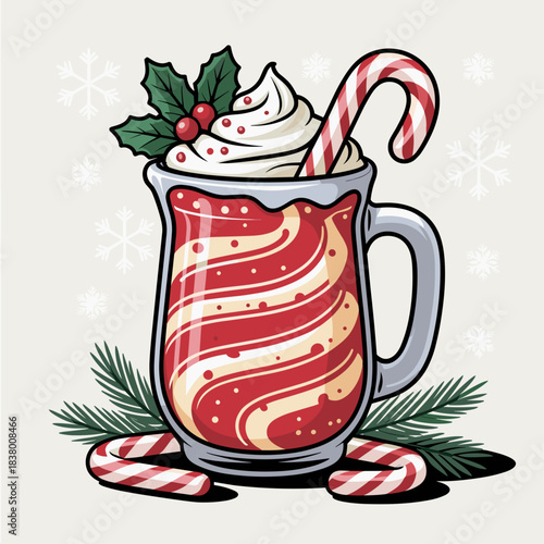 Vibrant vector of candy cane smoothie in glass pitcher – Suitable for holiday catering, party planning, or seasonal beverage marketing.