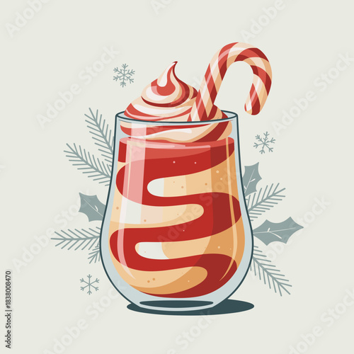 Minimalist vector of candy cane smoothie swirl and striped garnish – Perfect for winter menus, cheerful holiday graphics, or food blog content.