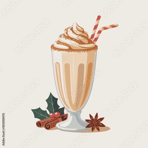 Creamy eggnog milkshake vector with nutmeg topping and striped straw – Ideal for holiday dessert menus, seasonal food blogs, or festive catering.