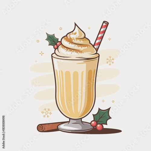 Clean vector of eggnog milkshake with whipped cream and spice sprinkle – Great for winter product advertising, seasonal recipe cards, or food photography props.