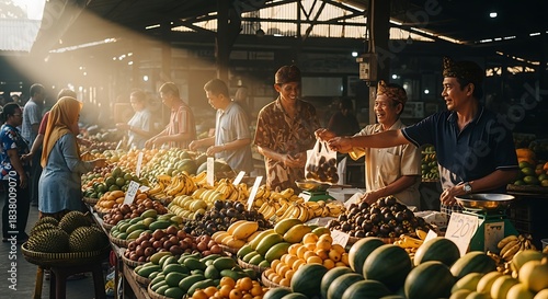 Sunlit Morning at a Bustling Local Farmers Market Stall.