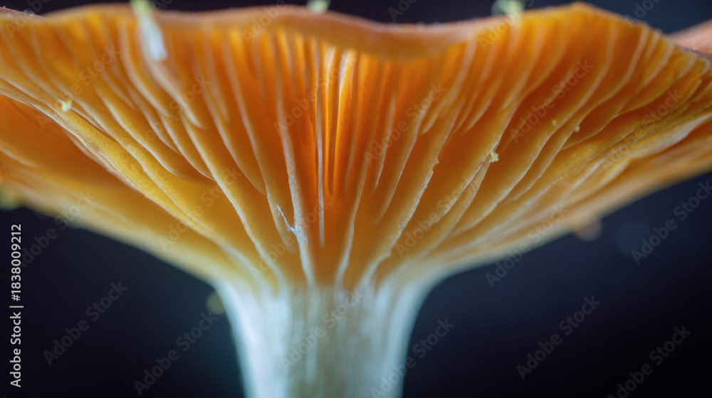 Fototapeta premium Vibrant orange mushroom close up macro view showing intricate detail and pattern of gill and cap underside against dark background