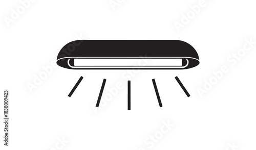 Simple line art icon of a modern overhead light fixture emitting light rays
