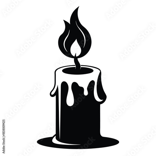 candle with a flickering flame and dripping wax black and white silhouette