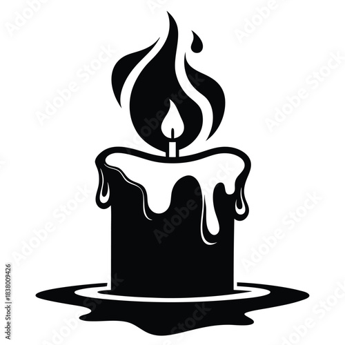 candle with a flickering flame and dripping wax black and white silhouette