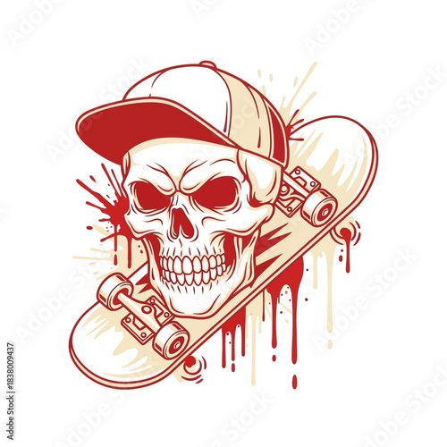 Skull wearing a baseball cap on a skateboard with paint splatters.