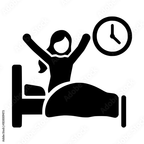 Woman waking up in bed with clock icon representing morning routine and healthy daily schedule