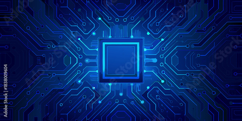 Abstract blue circuit board with central processor chip futuristic technology background