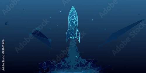 A futuristic rocket launch depicted with a geometric low poly design in blue