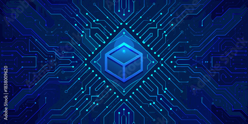 Abstract blue circuit board design with a central glowing cube element