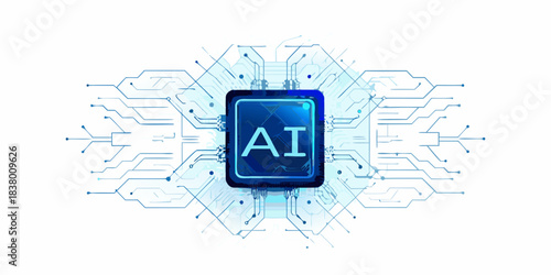 Artificial intelligence concept with a microchip and connecting circuit board lines