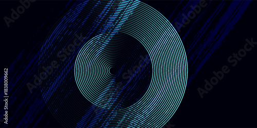 Blue abstract background with glowing circles. Swirl circular lines pattern. Geometric spiral. Twirl element. Modern graphic design. Futuristic technolog illustration