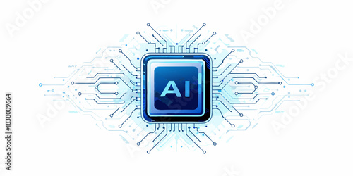 Artificial intelligence chip with intricate circuitry and a glowing blue design