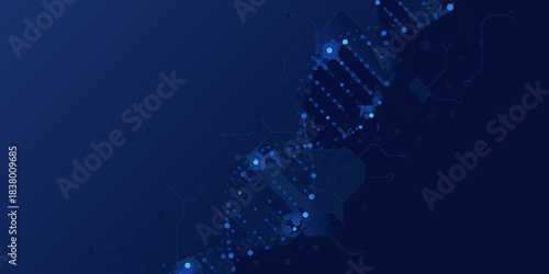 Abstract dna double helix with glowing connections and circuit board elements