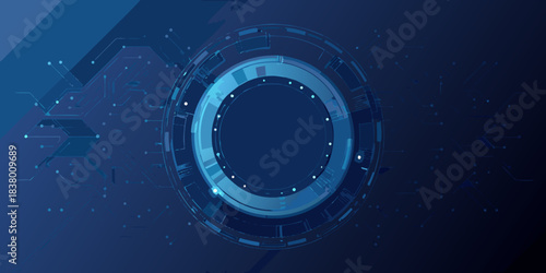 Abstract blue digital circuit with a central glowing circular opening