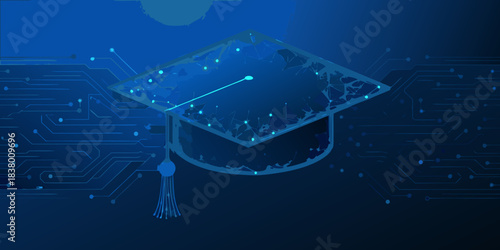 Digital graduation cap with glowing circuitry the future of learning technology