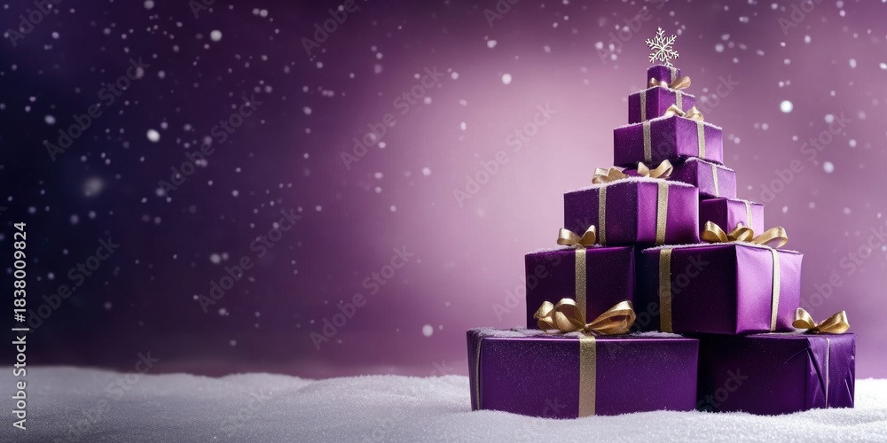 Naklejka premium A stack of purple gifts in the shape of a christmas tree on snowy ground with a star on top and snowflakes falling around
