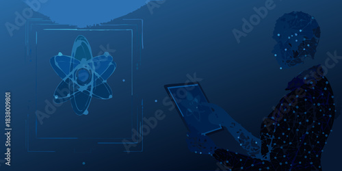 Digital human figure interacting with a holographic atom and tablet display